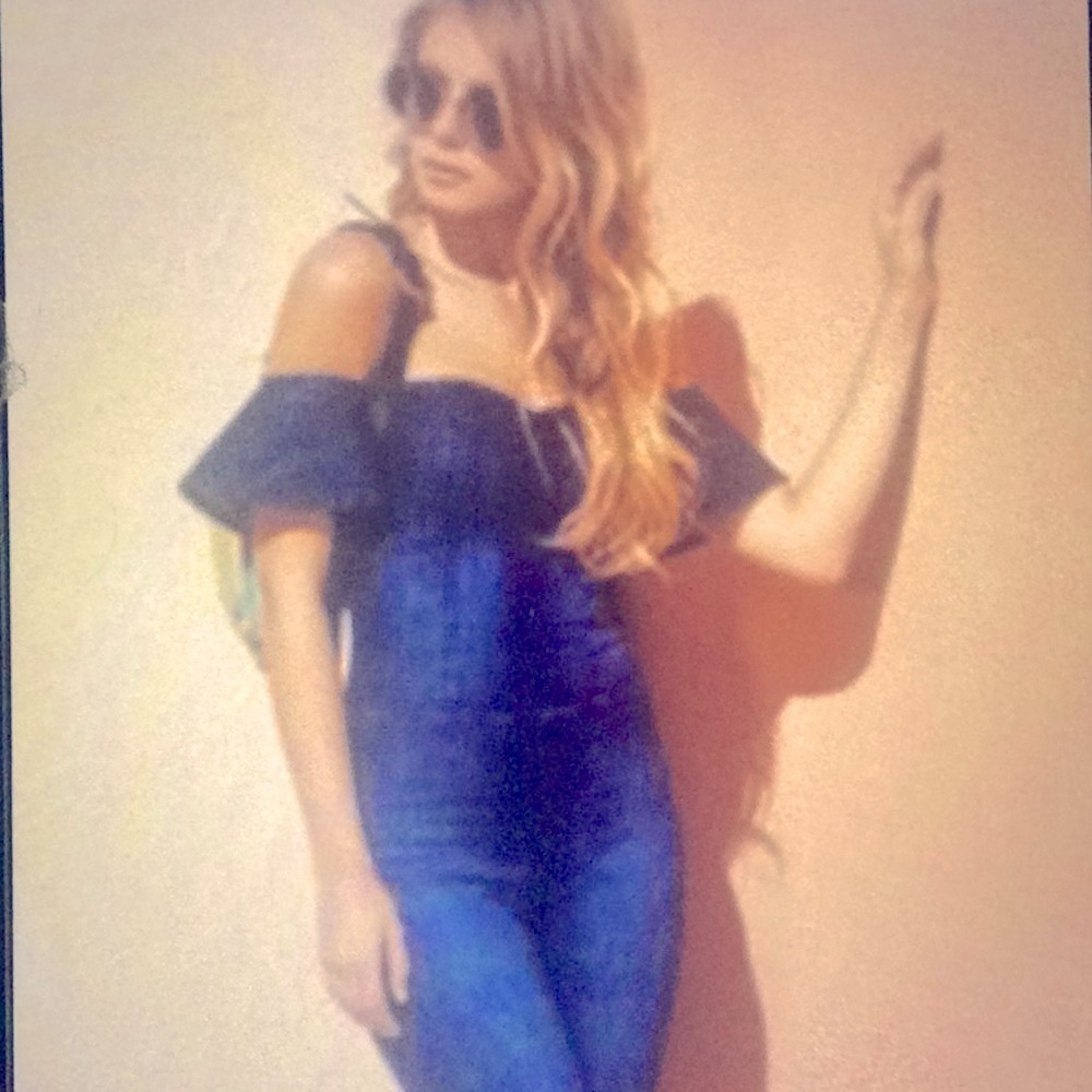 GUESS DENIM JUMPSUIT WITH RUFFLE OFF THE SHOULDER!